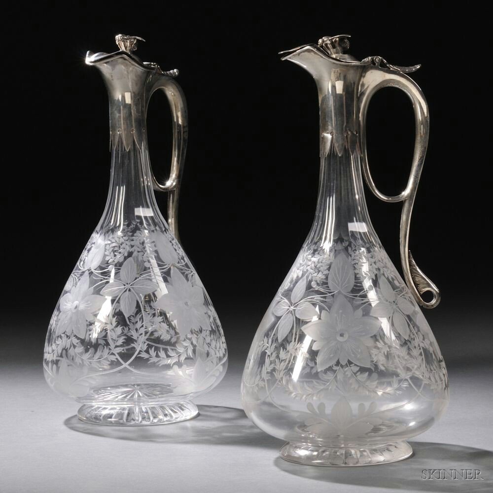 Appraisal: Pair of Elizabeth II Sterling Silver-mounted Engraved Colorless Glass Claret