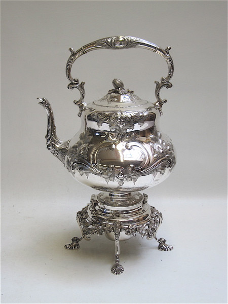 Appraisal: ENGLISH SILVER PLATED KETTLE ON WARMER STAND maker Martin Hall