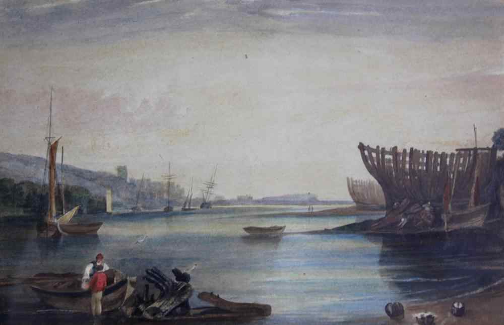 Appraisal: BRITISH SCHOOL TH CENTURY SHIPBUILDING PORT WITH FIGURES Watercolor on