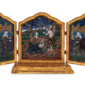 Appraisal: A French Giltwood and Enamel Triptych Late th Early th