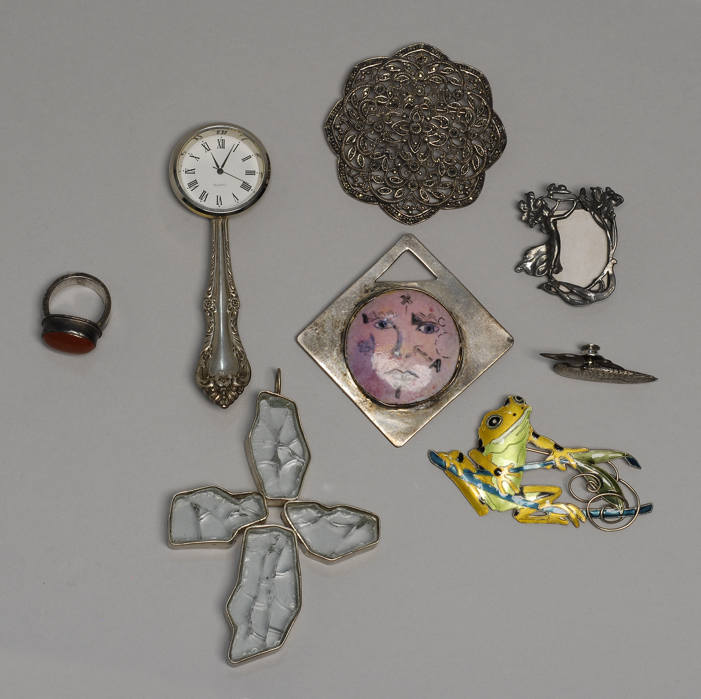 Appraisal: EIGHT STERLING SILVER ITEMS Five brooches one ring a miniature