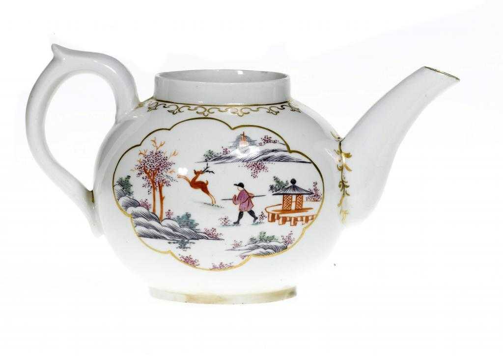 Appraisal: A DERBY TEAPOT of globular shape enamelled to either side