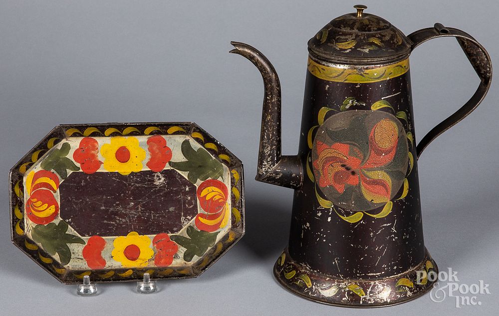 Appraisal: Toleware coffee pot and tray th c Toleware coffee pot