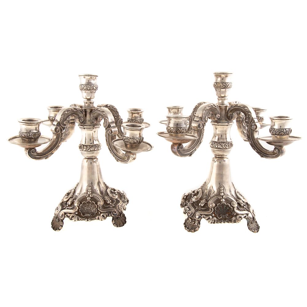 Appraisal: Pair Portuguese Silver Five-Light Candelabra - eagle II mark silver