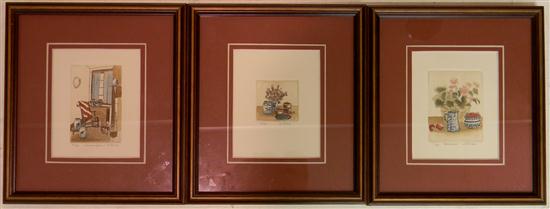 Appraisal: Sarah Rishel American three small country watercolor prints the first