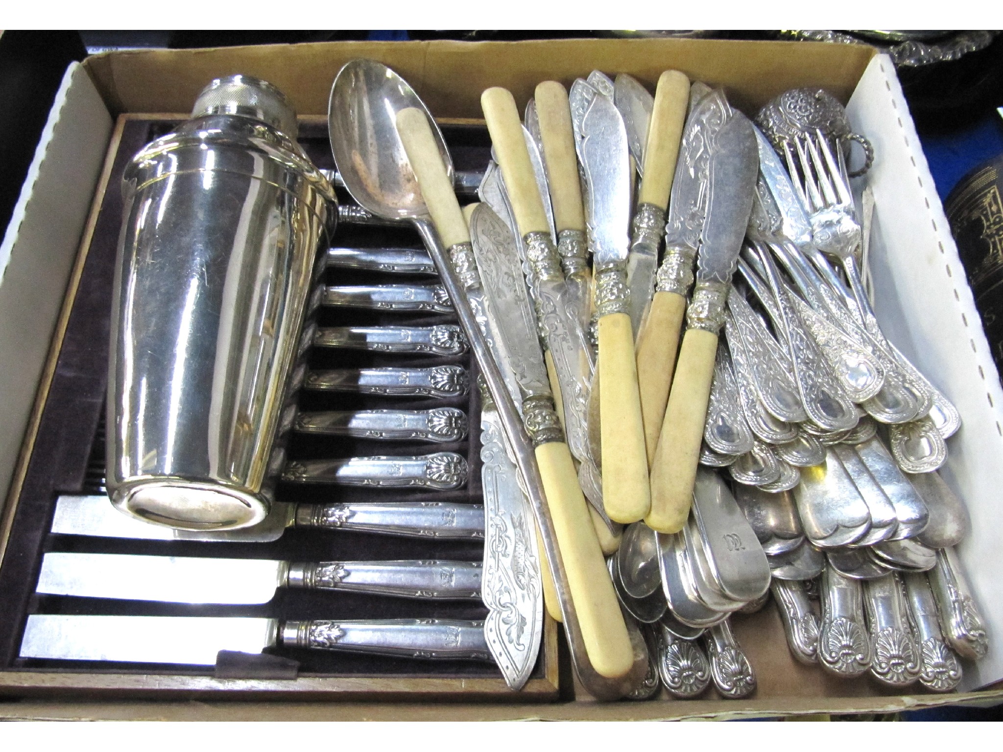 Appraisal: A lot comprising assorted cutlery and a cocktail shaker