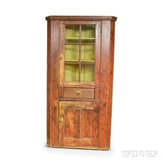 Appraisal: Small Red-stain Glazed Corner Cupboard ht wd dp in Estimate