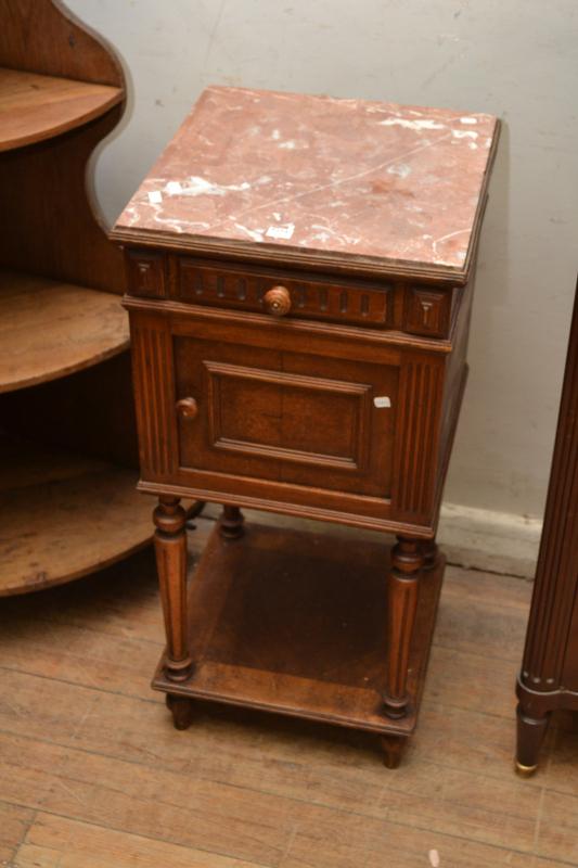 Appraisal: A FRENCH WALNUT MARBLE TOPPED SIDE CABINET WITH SINGLE DOOR