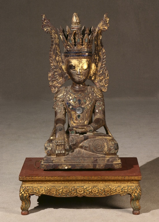 Appraisal: Burmese Colored Sequin Inlaid Gilt and Brown Lacquered Wood Seated