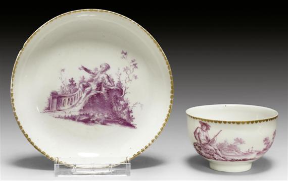 Appraisal: CUP AND SAUCER WITH 'WATTEAU SCENE' IN PURPLE ZURICH CIRCA