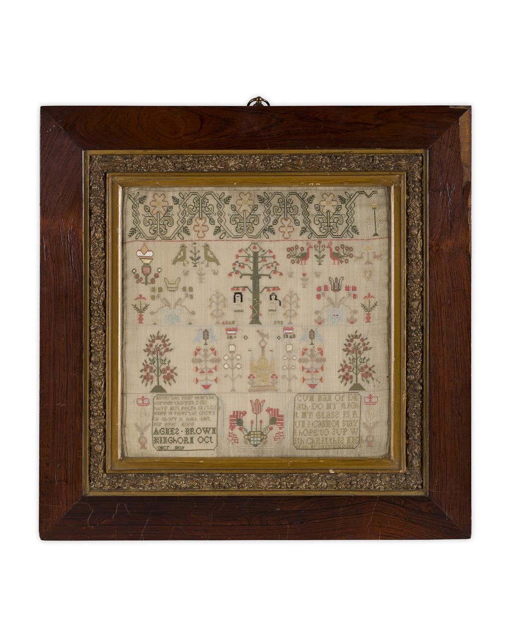 Appraisal: FRAMED NEEDLEWORK SAMPLER BY AGNES BROWN KINGHORN OCTOBER of square