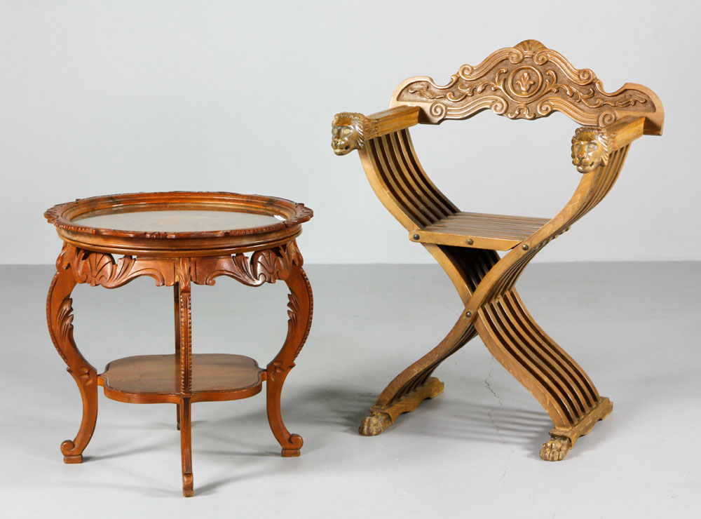 Appraisal: - Italian Savonarola Chair and Table Italian Savonarola chair and