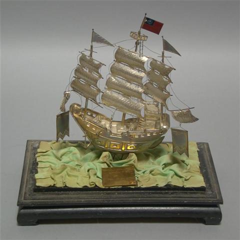 Appraisal: CHINESE SILVER MODEL OF A SAILING SHIP In glass presentation