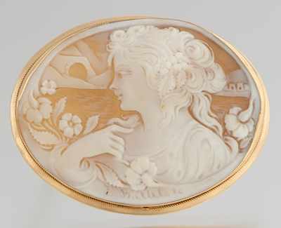 Appraisal: An Italian Carved Shell Cameo Brooch Pendant Signed Battiloro k