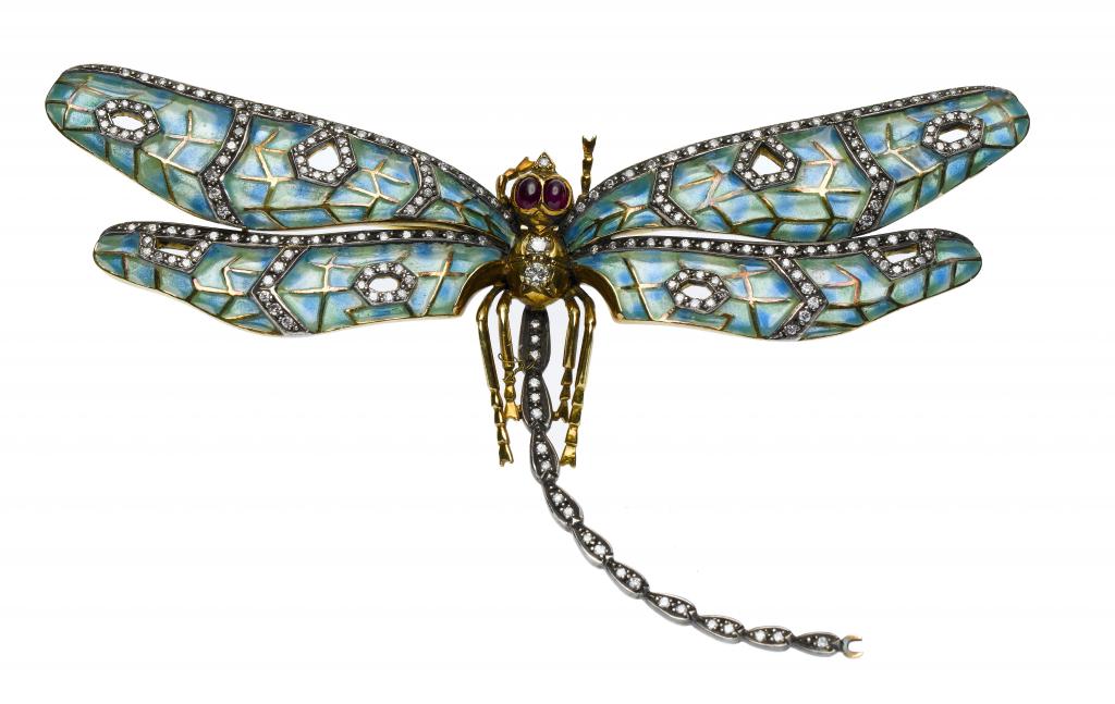 Appraisal: A DIAMOND RUBY GOLD AND PLIQUE A JOUR ENAMEL DRAGONFLY