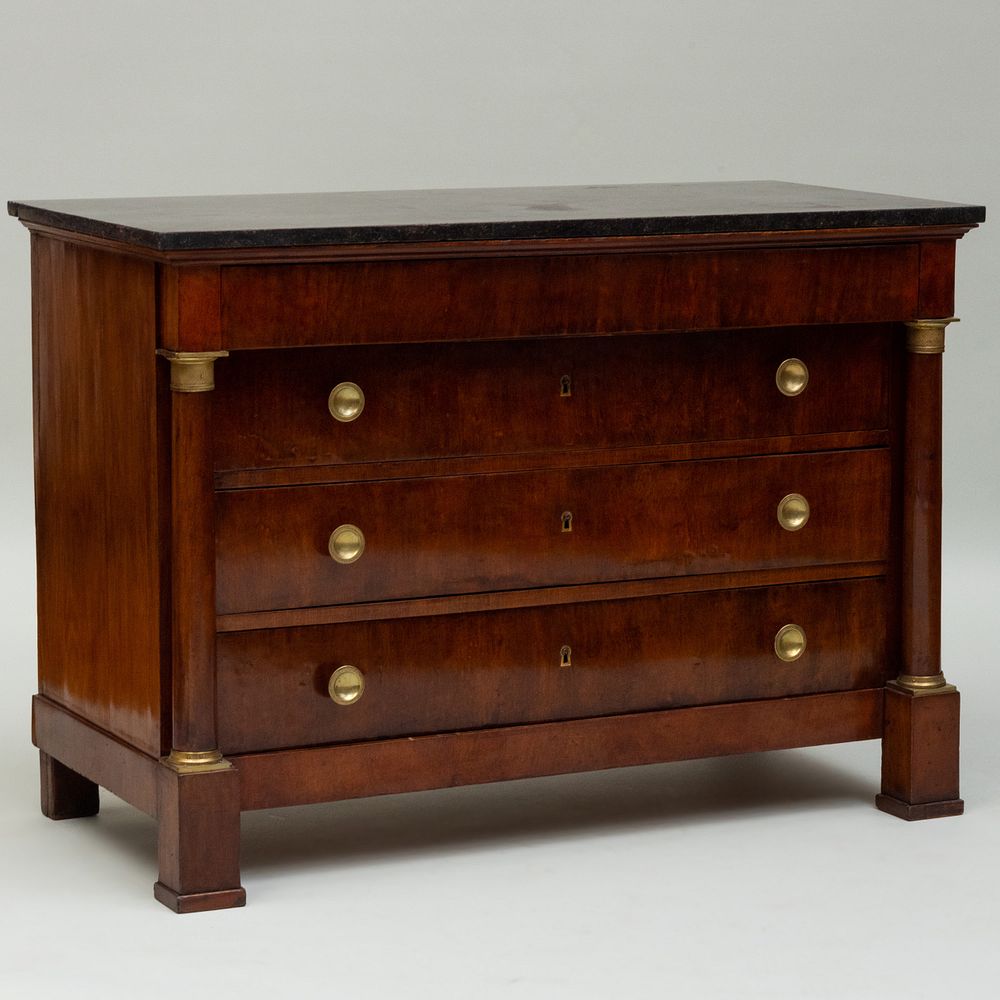 Appraisal: Charles X Brass-Mounted Mahogany Commode Fitted with a black marble