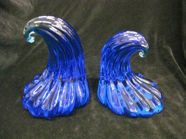 Appraisal: Pair of Rich Blue Art Glass Bookends wave design tall