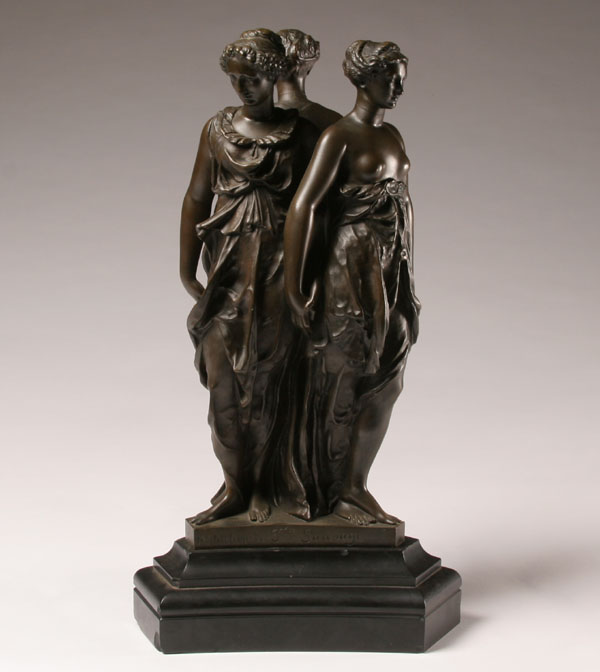 Appraisal: French bronze statue of Three Graces mounted on triangular stand