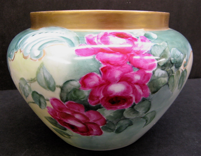 Appraisal: AMERICAN HAND PAINTED JARDINIERE bright colorful red roses and green