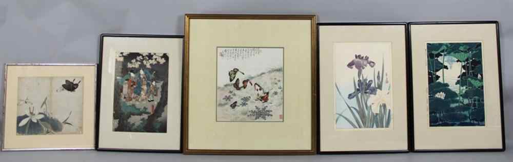 Appraisal: THREE JAPANESE BOTANICAL WOODBLOCK PRINTS including Iris Water Lily Butterflies