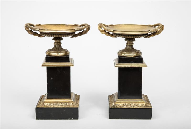 Appraisal: Pair of Charles X Style Brass and Black Marble Tazzas