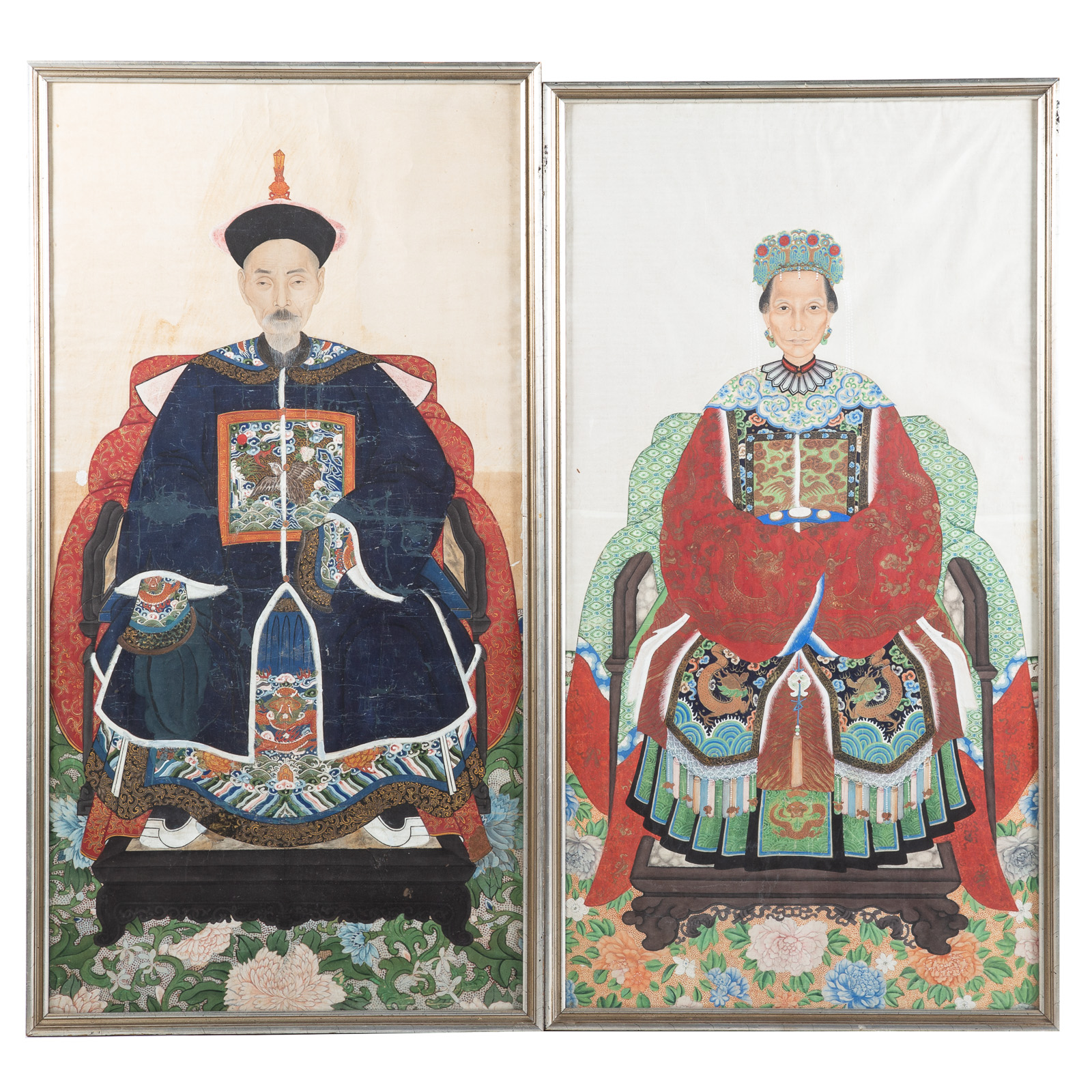 Appraisal: PAIR OF CHINESE ANCESTOR PORTRAITS th century seated male th