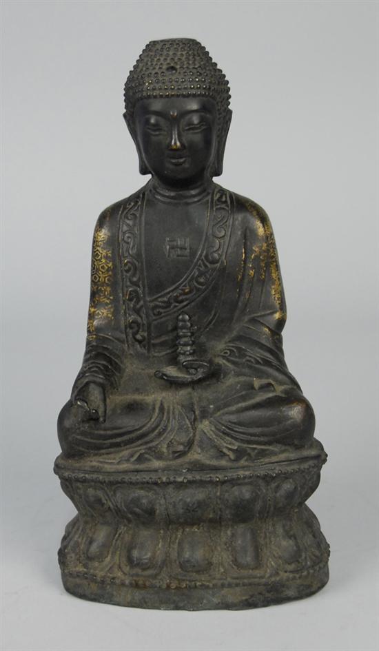 Appraisal: CHINESE BRONZE FIGURE OF A SEATED BUDDHA with gilt highlights