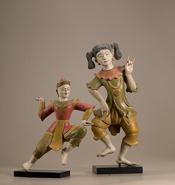 Appraisal: BURMA POLYCHROME WOODEN DANCERS Burma th century Two polychrome wooden