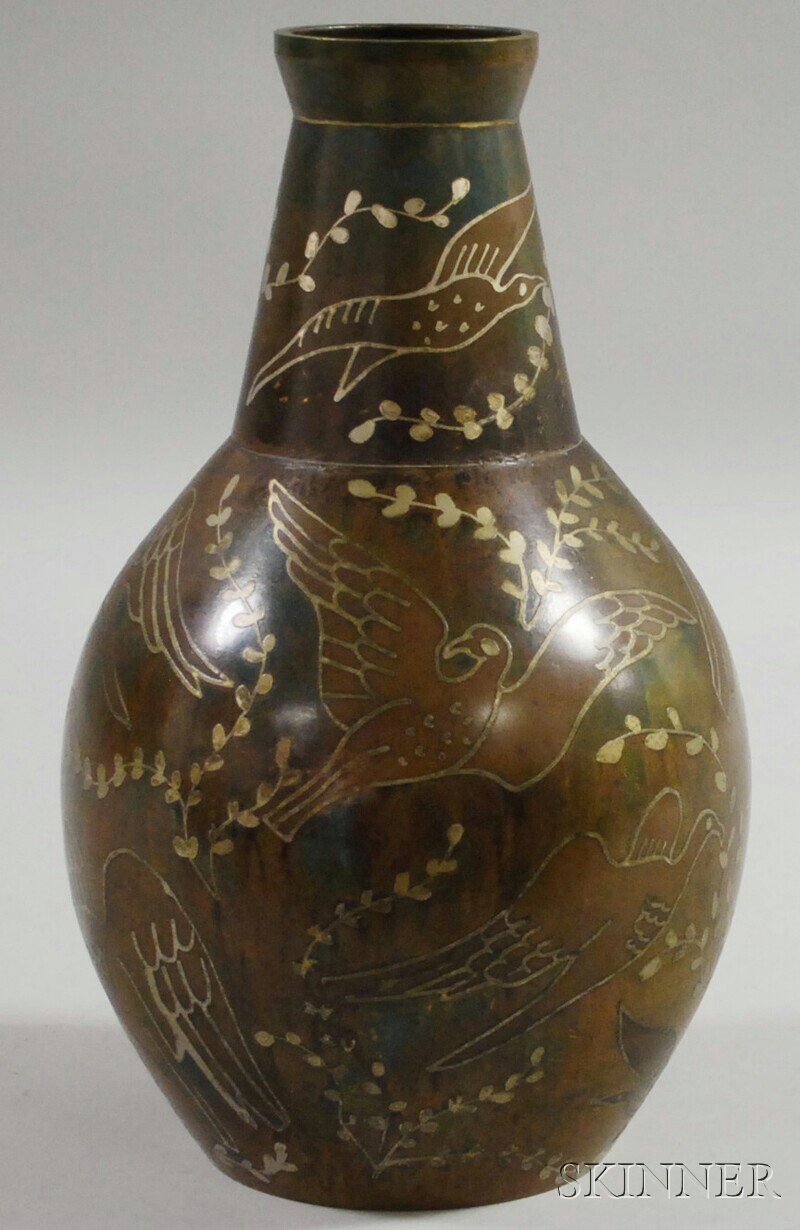 Appraisal: Mixed-metal Vase with inlaid birds and vines unmarked ht in