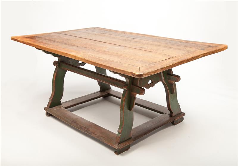 Appraisal: English Arts and Crafts Oak and Green Painted Dining Table