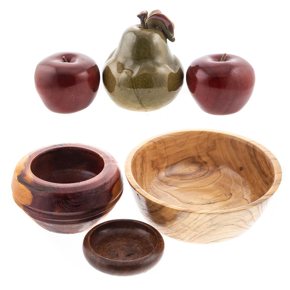 Appraisal: Five Wood Ceramic Objects Includes artisan turned elm wood bowl