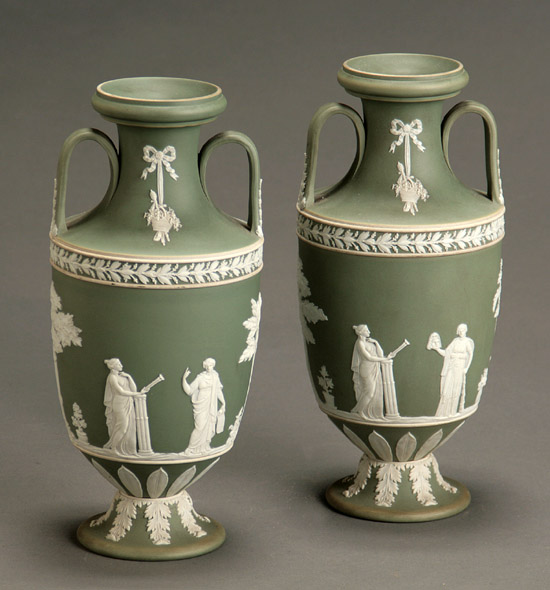 Appraisal: Pair of Wedgwood Sage Green Jasper Dip Amphora Vases Last