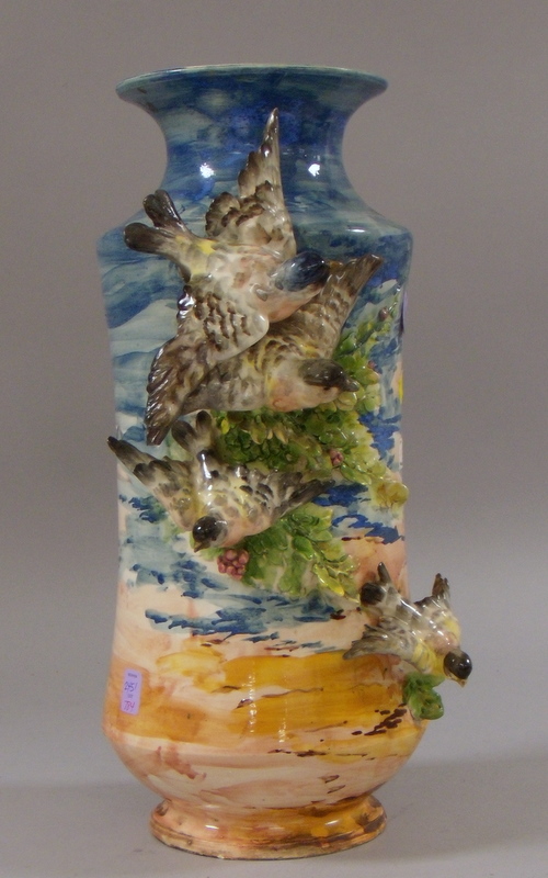 Appraisal: Italian Pottery Vase with applied molded birds and leafy fruiting