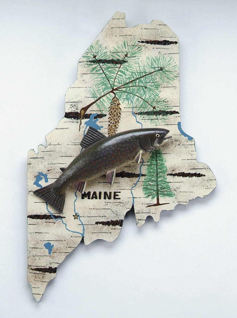 Appraisal: CARVED BROOK TROUT ON STATE OF MAINE BACKBOARD BY LAWRENCE