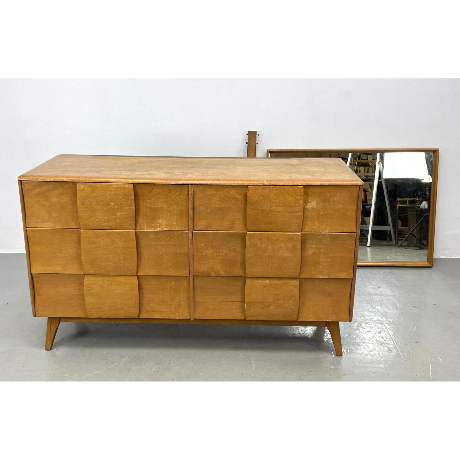 Appraisal: HEYWOOD WAKEFIELD Champagne Dresser and Mirror Credenza KOHINOOR model This