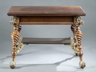 Appraisal: Hardwood table with dragon mounting details A hardwood table with