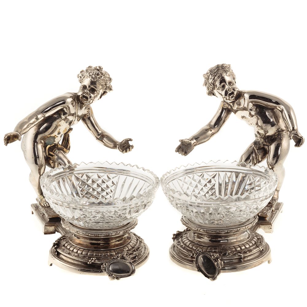 Appraisal: Pr Continental Silver Plated Figural Candy Dishes Each with putto