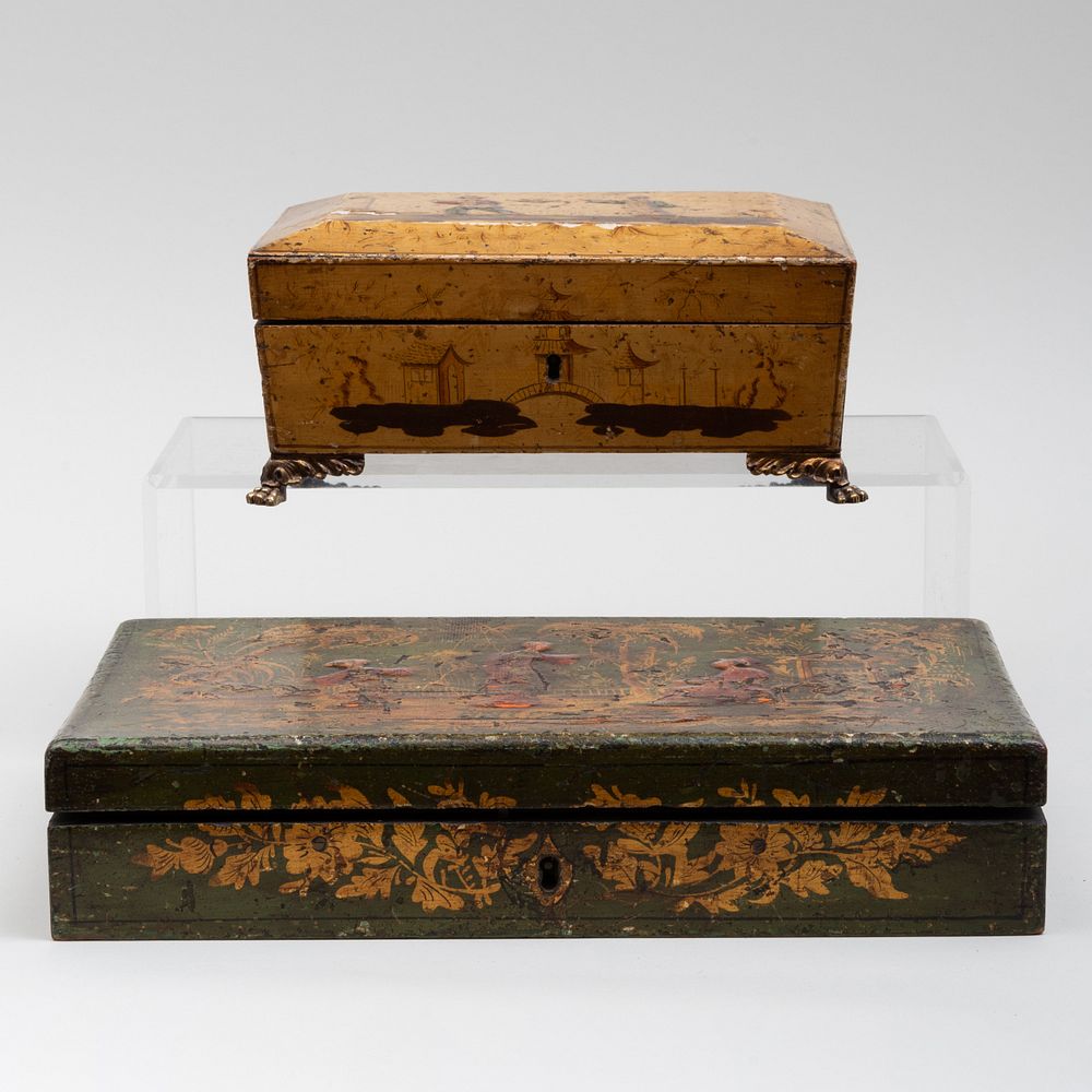 Appraisal: Two Polychrome Japanned Work Boxes The first raised on gilt-metal