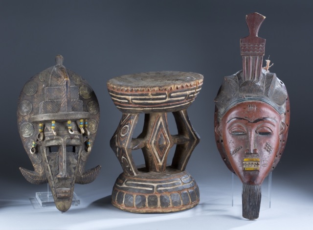 Appraisal: Three Hand Carved African Tribal Items Includes two masks and