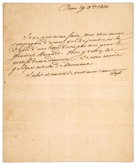 Appraisal: LAFAYETTE Marquis de Letter signed Lafayette to Mon cher ancien