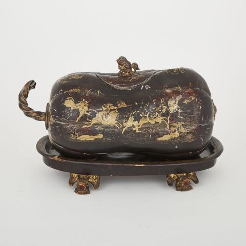 Appraisal: Burmese Lacquered Lead Squash Form Caddy on Stand th century