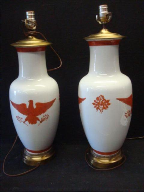 Appraisal: Pair porcelain lamps with eagle decoration From Riverdale NY estate