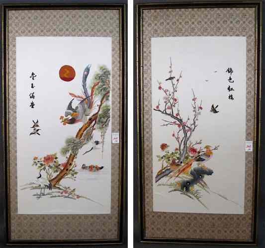 Appraisal: TWO CHINESE HAND EMBROIDERIES on white silk Each depicts a