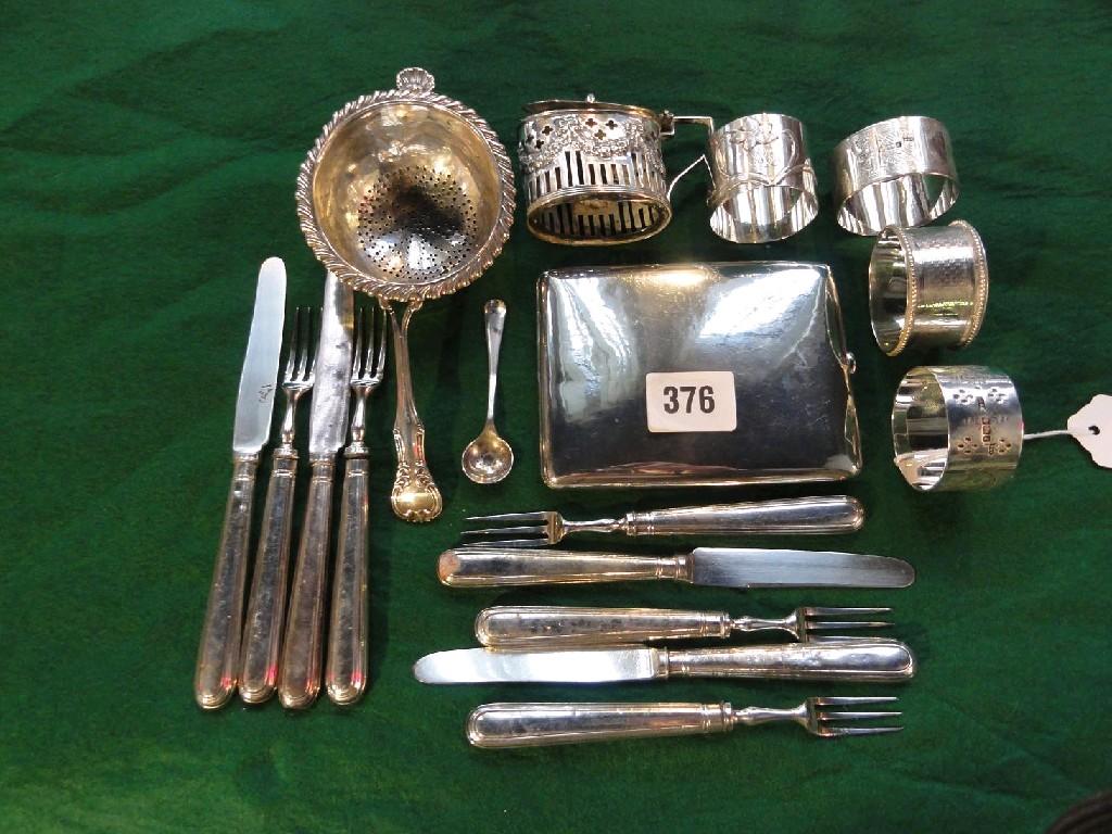 Appraisal: A collection of miscellaneous silverwares including tea strainer napkin rings