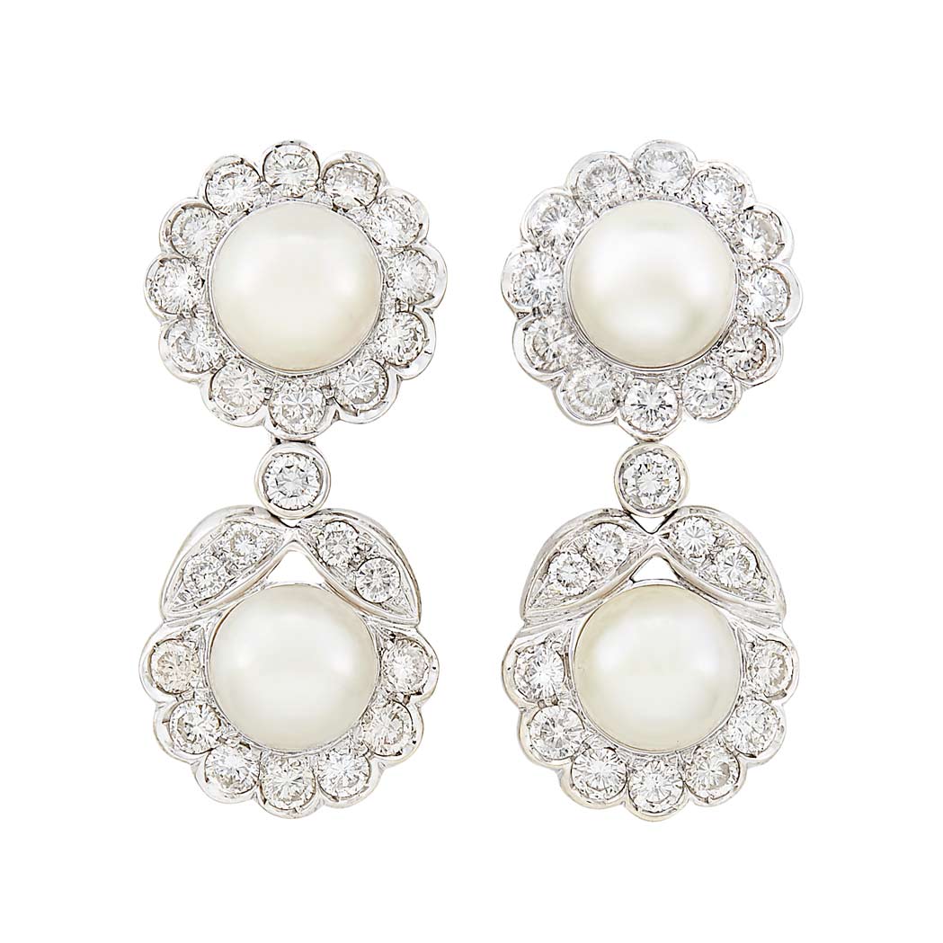 Appraisal: Pair of White Gold Cultured Pearl and Diamond Pendant-Earrings kt