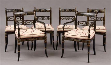 Appraisal: SET OF SIX LATE GEORGE III BLACK-PAINTED DINING CHAIRS Including