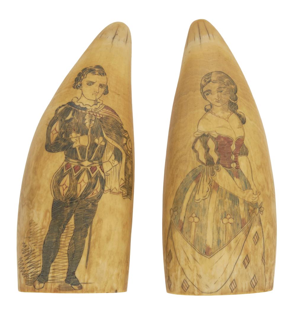 Appraisal: PAIR OF POLYCHROME SCRIMSHAW WHALE'S TEETH WITH FIGURAL PORTRAITS MID-