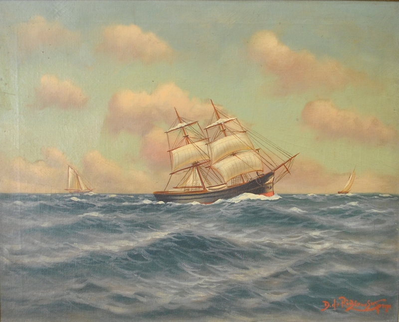 Appraisal: - Oil on canvas painting of a two-masted ship signed