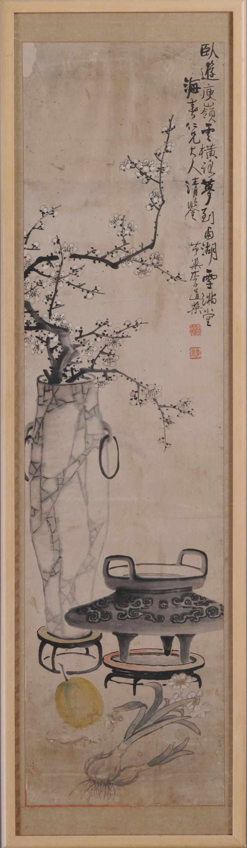 Appraisal: JAPANESE SCROLL PAINTING OF PRUNUS IN A VASE AND TRIPOD