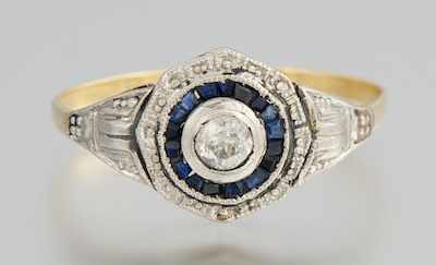 Appraisal: An Art Deco Style Diamond and Sapphire Ring k yellow